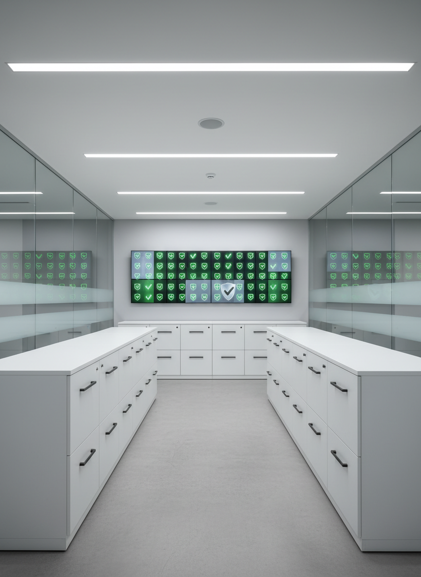 A spacious, glass-partitioned HR compliance and records room in a modern APAC office, with long rows of matte white cabinets and smart, lockable drawers representing secure document management. Digital wall panels above the cabinets show abstract green-check icons and shield symbols, indicating verified compliance and data protection without any words. Cool, even LED lighting runs along the ceiling, casting crisp, minimal shadows and emphasizing order. Shot in photographic realism from a central, eye-level perspective, the image feels highly controlled, secure, and professional, ideal for illustrating risk-managed HR outsourcing focused on confidentiality and regulatory adherence.