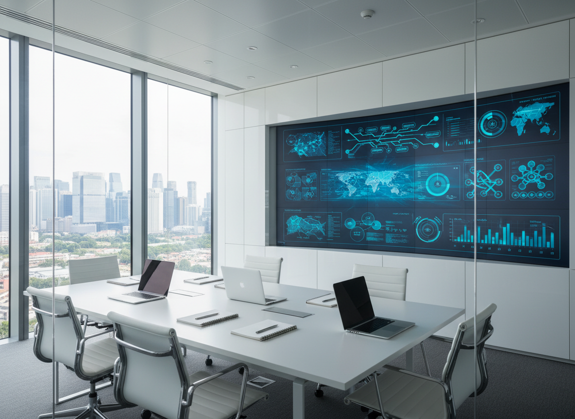 A sleek glass-walled HR operations command center represented by a curved, ultra-wide digital dashboard stretching across a modern APAC office wall. The dashboard displays abstract, non-textual infographics for hiring pipelines, workforce distribution, and compliance status, all in clean blues and teals. A polished white conference table and ergonomic chairs sit in the foreground, empty, with neatly arranged laptops and notebooks. Soft daylight pours through floor-to-ceiling windows overlooking a contemporary city skyline. Photographic realism at eye level, with sharp focus throughout, conveys a professional, data-driven atmosphere that feels calm, organized, and highly efficient, symbolizing comprehensive HR outsourcing oversight without showing any people or readable text.