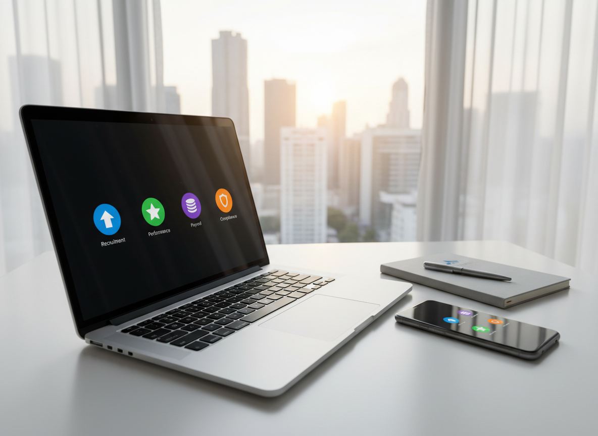 A close-up, photographic-realistic shot of a high-end laptop on a clean white desk, displaying a stylized HR outsourcing dashboard with colorful, non-text icons for recruitment, performance, payroll, and compliance. Beside the laptop, a slim smartphone shows a matching interface, suggesting multi-device access, while a small branded notebook and pen are neatly arranged. In the blurred background, a modern APAC cityscape is visible through a large window, softened by sheer curtains. Warm morning light creates gentle highlights on the metal laptop edges and a soft glow on the desk surface. Captured from a low, side angle with shallow depth of field, the scene feels modern, secure, and technology-driven, ideal for conveying remote HR outsourcing control.
