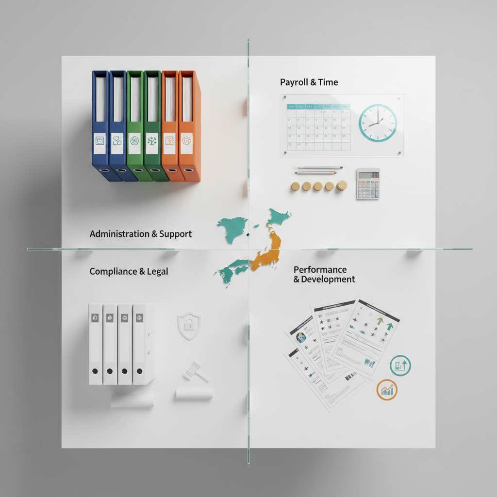 An overhead photographic view of a large white workspace table divided into distinct zones, each symbolizing a pillar of HR outsourcing. One quadrant has neatly stacked, color-coded folders labeled only with abstract symbols, another has a printed calendar and clock representing payroll cycles, a third has policy binders with simple icons suggesting compliance, and the fourth features assessment forms with star-shaped graphics for performance management. Small APAC regional maps made of colored acrylic subtly reference multi-country support. Soft, diffused studio lighting creates minimal shadows and a clean, high-clarity look. The top-down composition feels structured, organized, and trustworthy, visually summarizing the full spectrum of outsourced HR services without showing any people or using readable text.