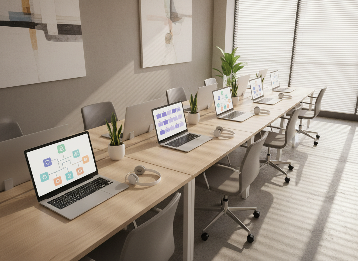 A row of open, minimalist workstations in a bright APAC regional office, each desk showcasing a different aspect of outsourced HR: one screen with an abstract onboarding flow diagram, another with stylized benefits icons, another with calendar blocks for payroll cycles, all without readable text. The desks are immaculate, with matte silver laptops, wireless headsets, and slim desk plants adding color. Natural afternoon light filters through blinds, creating gentle linear shadows across the light wood surfaces. Shot from a slightly elevated angle in photographic realism, the composition uses leading lines down the row of desks to evoke seamless processes, teamwork, and a scalable HR outsourcing environment without any visible people.